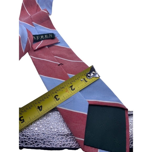 Ralph Lauren Tie Silk Slub Linen Blend Mens Light Blue Rose Red Dark Pink Stripe - Picture 12 of 12
